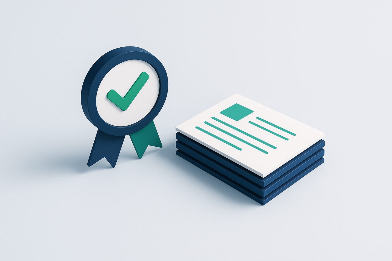ISO 27001 information security certification medal and policy documents, SecuritComply