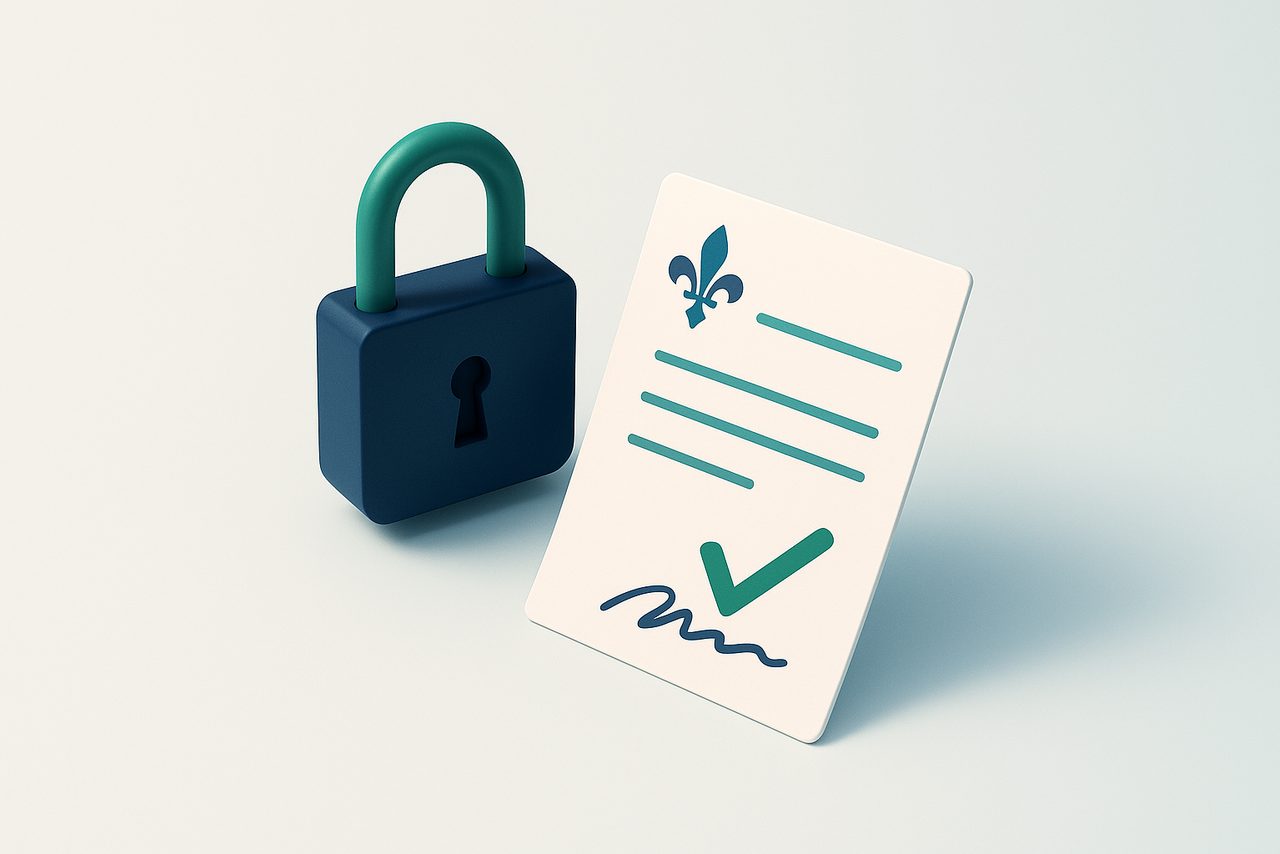 Quebec Law 25 privacy compliance, consent document and fleur-de-lis, SecuritComply